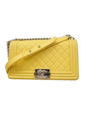 Chanel Shoulder Bag Boy Lambskin Yellow Silver